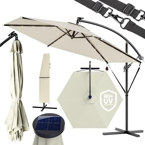Kingsleeve® Sombrilla de Jardín Parasol Crema 300cm Manivela Luces LED Protección UV80+ Seguro Antiviento Funda Protectora
