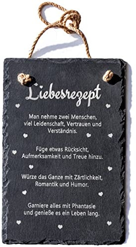 Spruchreif · Schiefer Tafel mit Gravur Rezepte · Türschild · Schieferschild mit Juteband · Dekoschild aus Schiefer zum Aufhängen (Liebesrezept)