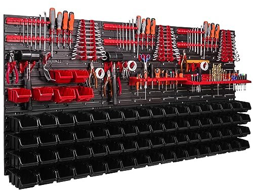 Etagère murale, système de rangement avec 74 boîtes empilables, bacs a bec noir, panneau porte outils 170 x 78 cm, crochets a outils, supports, atelier garage, banc de travail, etagere outils