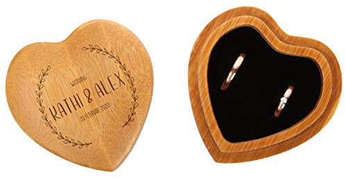 FORYOU24 Ringkissen als Herz aus Holz mit Gravur zur Hochzeit Motiv 02 hell - Ring Schatulle mit Deckel personalisiert, Namen und Datum, Holz Ringbox zur Trauung oder Verlobung, Ringträger