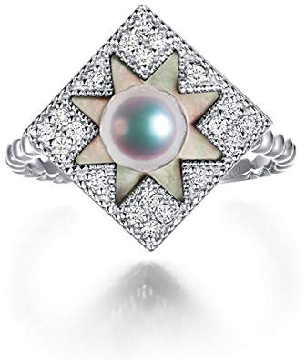 Daesar Damen Ring 750 Weißgold Love 6MM Akoya Perle Blume Quadrat Verlobungsring Trauring Weißgold mit Diamant Gr. 50 (15.9)