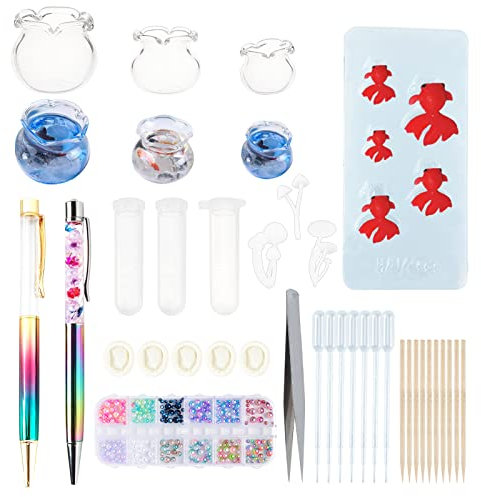 OLYCRAFT 55PCS Miniatur-Koi-Fischform-Kugelschreiber, Glas Goldfischschale, Perle, Pilz Botanical Terrarium Craft Set Für Harz Craft