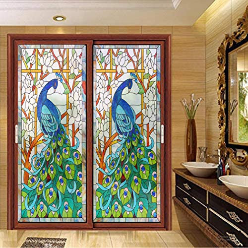 Pfauen-Fensteraufkleber, mattiert, gedeckte Farbe, nicht klebende Glas-Fensterabdeckung, dekorative Tönung für Zuhause, 88 x 180 cm