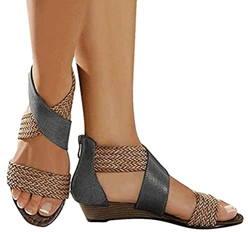 Onsoyours Sandales Femmes Plates Chaussures Été Tongs à Talons Plats Claquettes Nu Pieds Semelle Compensée Confortable Bout Ouvert pour Filles Plage A Bleu Foncé 39 EU