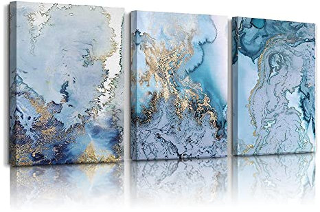 hyidecorart Abstrakte Bilder Leinwand mit Rahmen 40x58 cm 3er Set Deko Schlafzimmer, Wandbilder Wohnzimmer Modern Natur Kunstdruck Blau Golden Marmor Gemälde Flur Badezimmer Wohnung Büro Villa