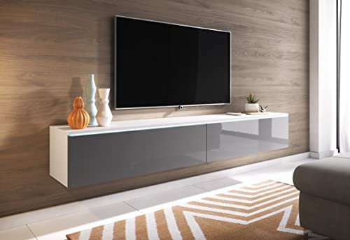 PIASKI Mueble de TV Lowboard D 140/180 cm, Mueble de televisión, Mueble de TV Flotante, Color Blanco Gris, iluminación LED Opcional (Sin iluminación LED, 180 cm)