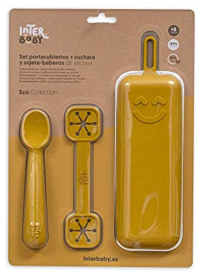 Set Porta cubiertos con cuchara y sujeta baberos de silicona, ocre tierra