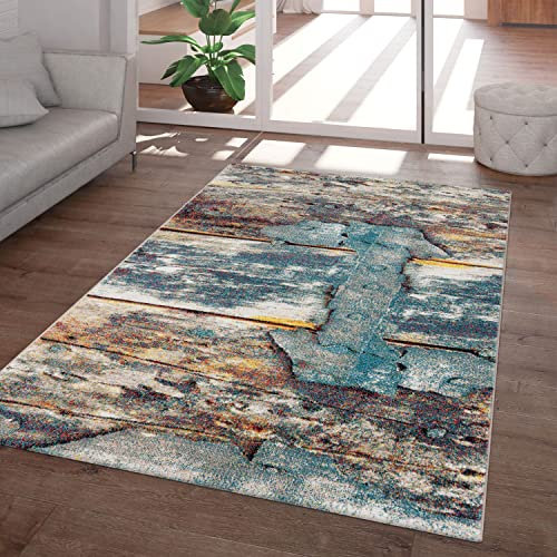 TT Home Wohnzimmer Teppich Kurzflor Soft 3D Holz Design Used Look, Farbe: Blau Braun Bunt, Größe:80x150 cm