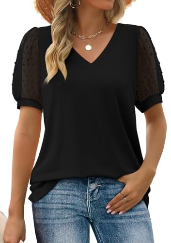 Aokosor Tops for Women V Neck T Shirts Ladies Swiss Dot Puff Sleeve Summer Tee Black Size 22-24