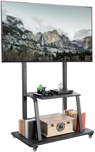 VIVO Heavy Duty Mobile TV Cart for 42 to 100 inch Screens up to 150kg, LCD LED OLED 4K Smart Flat and Curved Panels, Max 800x600 VESA, Metal AV Shelf, Locking Casters, Black, STAND-TV100C