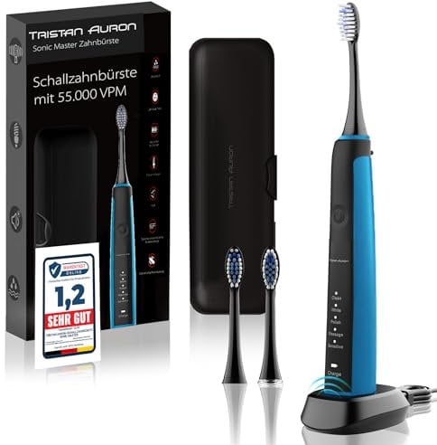 Tristan Auron Schallzahnbürste -elektrische Reisezahnbürste 2025-100 Tage risikofrei testen- 60 Tage Akku -5 Modi- 2 Min. Timer und 55.000 VPM + inkl. Reiseetui und 2 Bürstenköpfe SonicMaster (Blau)