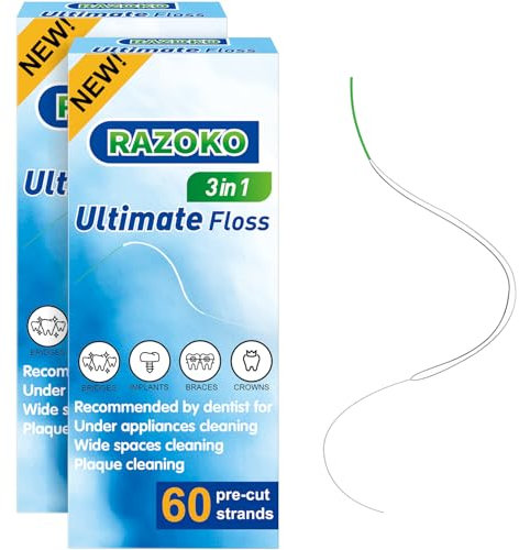 RAZOKO Zahnseide für Zahnspangen, 3-in-1 Super Floss Vorgeschnittene Stränge, 120 Stücke (2 Packungen)