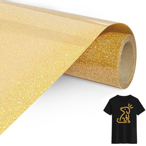 Bocguy Vinilo Textil Termoadhesivo Purpurina Oro, 30.5 CM X 152 CM Glitter Vinilo Textil Oro Fácil de Cortar y Desherbar, Purpurina Vinilo Termoadhesivo Textil para DIY Camisetas y Más Telas