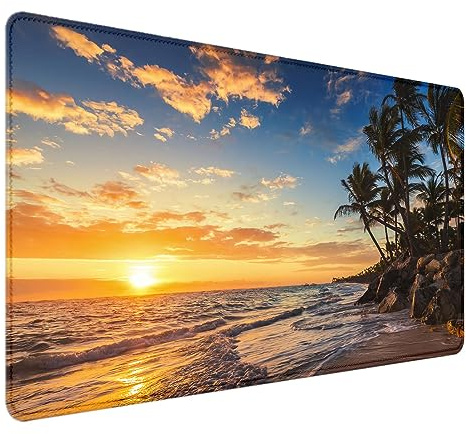 HUOCAIREN Tropische Insel Strand Schreibtischunterlage (89,9 x 40 cm), Landschaft, Extra Großes Gaming-Mauspad Mit Genähten Kanten, XXL-Tastatur-Mauspad, Schreibtischunterlage