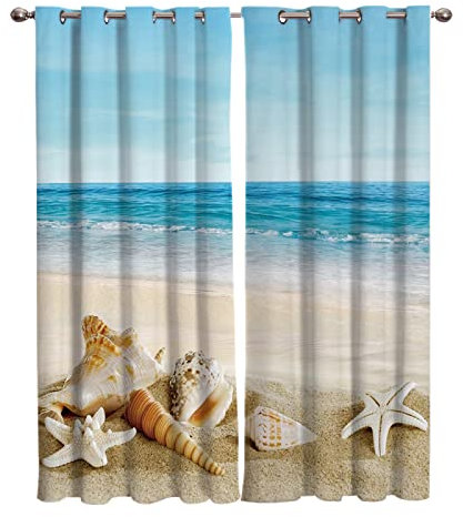 BOONGA Strand-Seestern-Muschel Blickdichte Gardinen Verdunkelungsvorhange 2er Set - Ozean Wärmeisolierende Vorhänge mit Ösen für Wohnzimmer Schlafzimmer Blackout Curtains, 175 x 140 cm