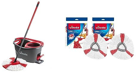 Vileda Turbo Mop Easy Wring & Clean con secchio a pedale, manico telescopico da 85-130 cm & Testina di ricambio del mocio, strizzamento semplice e pulizia turbo, 2 in 1, Microfibra, Red