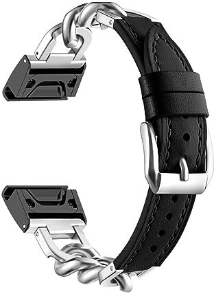 ZUREGO Metall Kette mit Leder für Garmin Fenix 5S / Fenix 5S Plus Armband, Damen Edelstahl Armband Gliederarmband Ersatzarmband Kompatibel mit Garmin Fenix 5S / Fenix 5S Plus Armband (B)
