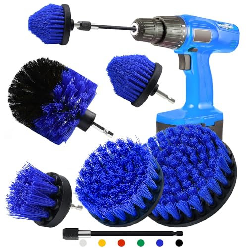 Drill Brush Attachment Set, 5pcs 1/4in Power Scrubber With 1pcs Extend Long Attachment for Cleaning Showers, Tubs, Bathroom, Tile, Grout, Carpet (5 Brushes Blue)
