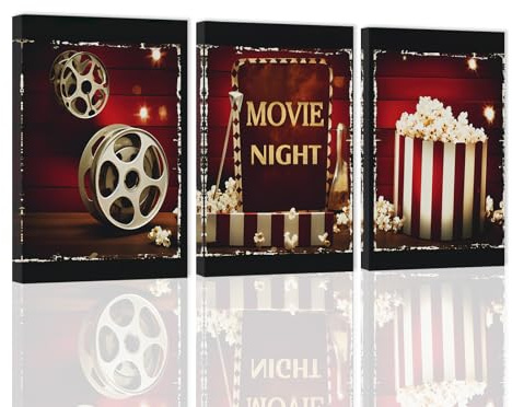 ZXHYWYM Film Wandbild 3 teilig Filmschild Leinwanddruck schwarz und rot Film Popcorn Gemälde modernes Heimkino Raum Medien Kino Wanddekoration mit Rahmen (30x40cmx3)