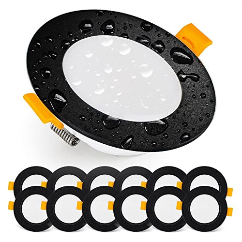 E EMOS EMOS Downlight LED Einbauleuchten 4000K neutralweiß Set 12 LED Spots IP54 Feuchtraum, Badezimmer LED Einbaustrahler 230V, rund, 5W, 500 Lumen, Schwarz
