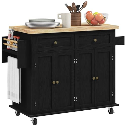 HOMCOM Îlot de cuisine sur roulettes, chariot à roulettes avec dessus en bois d'hévéa, étagère à épices, porte-serviettes et tiroirs pour salle à manger, noir vieilli