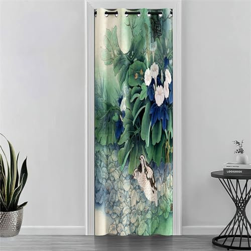 Odot Tende per Porta con Occhielli, Tende Oscuranti Interni con Stampa Fiori e Uccelli Stile Cinese, Tenda Divisore per Stanza 1 Pezzo per Camerino Soggiorno Cameretta (80x180cm,Foglie Verdi)