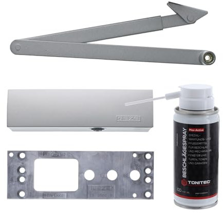Geze Ferme-porte TS 2000 V BC Argent Kit complet ferme-porte à tringles, avec bras de blocage, plaque de montage et spray d'entretien ToniTec