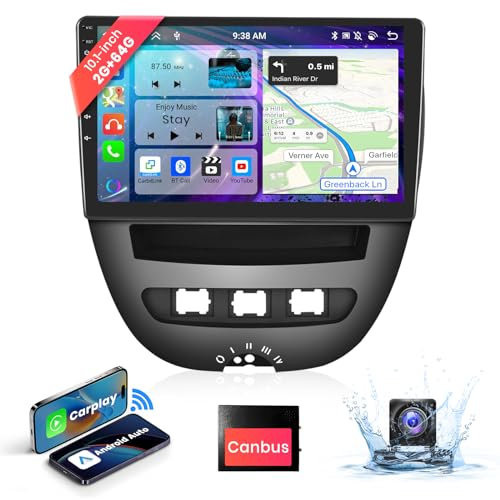 2+64G 8-Core Podofo 10.1''Autoradio Carplay Für Toyota Aygo/Peugeot 107/Citroen C1 2004-2014 Android Auto Wireless mit Touchscreen FM/RDS Radio Dual USB mit Navi/AHD Rückfahrkamera/Canbus