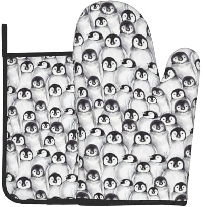 Cute Penguins Sketch Oven Gloves Heat Resistant And Pot Holder 2 Pc Set For Kitchen Cooking,Print Thick Cotton Non-Slip