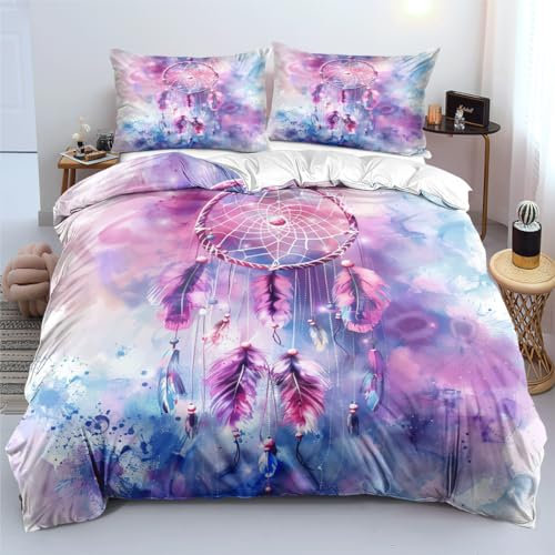YUTNSAN Bettwäsche Set 135x200cm Traumfänger Federn Boho 2 Teilig Mädchen Kinderbettwäsche Mikrofaser Bunt Bettbezug und Kissenbezug 80x80cm
