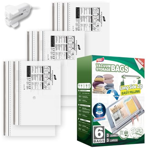 TAILI Vacuum Storage Bags With Long Side Zip 6 Pack (3 Large+3 Extra Large) Vacuum Bags for Clothes, Duvets, Bedding, Travel Reusable Compression Zipper Storage Space Saver
