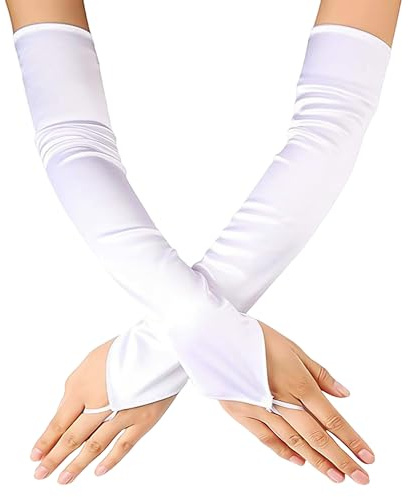 DHSBGWSX 1 Paar Hakenfingerhandschuhe, Damenhandschuhe, lange Handschuhe, fingerlose Handschuhe, weiche Handschuhe, dehnbare lange Handschuhe, elegante Damenhandschuhe, Satin-lange Handschuhe (weiß)