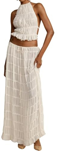 Miolasay Zweiteiliger Maxirock für Damen, Schnürung, ärmelloses Tanktop und fließender langer Rock, Set Y2K, Sommer-Strandmode, A-weiß, 42