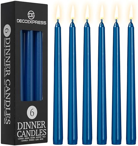 DECO EXPRESS Stabkerzen Set 6er, 10, 15 oder 50er, Lange Brenndauer bis zu 8 Std, Geruchslos (Metallisch Blau - 6er Pack)