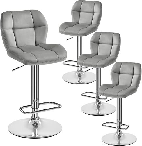 Yaheetech Barhocker 4er Set Höhenverstellbar 360°Drehbar Barstühle Küchenstühle mit Rückenlehne und Fußstütze, Barstuhl aus Samt Sitzhöhe 62,5 cm - 84,5 cm für die Küche, Hellgrau