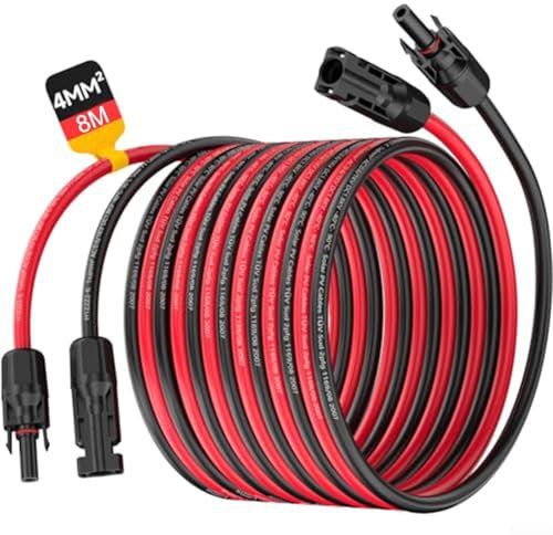2 Stück 4 mm² (12 AWG), 8 m Solarkabel, Solarkabel, rot und schwarz, 8 Meter je 1000 V, mit Steckern an beiden Enden, entspricht DIN EN 60228, EN 50618 und anderen Normen