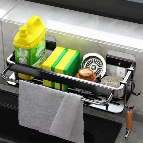Ainiv Aluminium Spülbecken Organizer Wand Spülbecken Organizer Hängend Kein Bohre Spülmittel Organizer Sink Organizer für Küche & Badezimmer mit Handtuchhalter und Haken