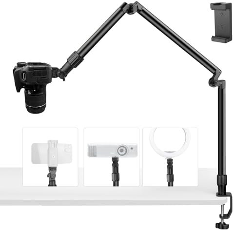 JEBUTU AS08 Overhead Stativ Kamera Tischstativ, 33.5-95cm Verstellbar Kamera Halterung für DSLR Kameras, Lichtstativ Klemmstativ Flexibel Gelenkarm für Ringlicht Projektor Handy, Max. Belastung 10KG