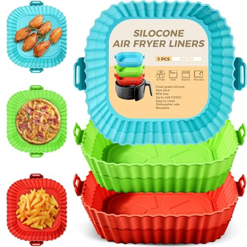 3 Pack Air Fryer Liners Silicone, Reusable Air Fryer Accessories Food Grade Square Silicone Greaseproof Airfryer Baking Tray Basket Replacement of Parchment Paper Home Kitchen Gadgets Essentials RBG