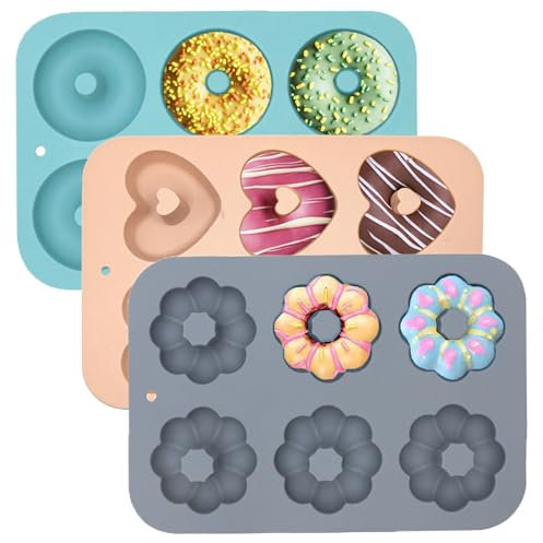 LGQUK 3 Pack Silicone Donut Pan for Baking, Non-Stick Doughnut Pan, 6 Cavity Heritage Bundtlette Cake Silicone Mold for Baking (Blue+Gray+Pink)