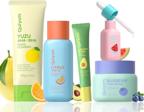 QUIYUM Set Cuidado de la Piel,Set de 5 Piezas para el Cuidado de la Piel, Hidratante Facial para Mujeres, Con Limpiador, Tónico, Suero, Crema para Ojos, Humectante
