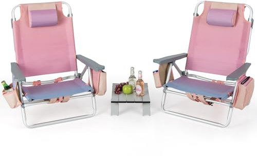 COSTWAY Strandstühle und Tisch Set, klappbare Campingstühle mit Verstellbarer Rückenlehne, Kopfstütze, Seitentaschen, Eisbeutel, Schultergurten & Armlehnen, Klappstühle leicht (Rosa)