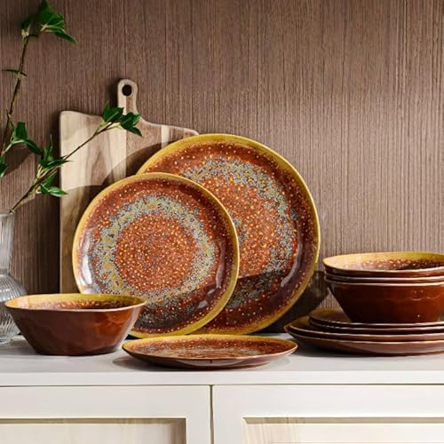 FINE&NICE Melamine Dinnerware Set of 12Pcs, Dish Set for 4, Lightweight Unbreakable Plate and Bowl Set for Patio, RV and Camping, Dishwasher Safe,Rusty Brown