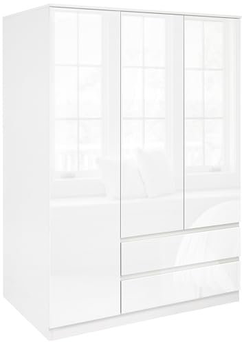 Blisswood High Gloss 3 Door Wardrobe with 2 Drawer Storage & Hanging Rails - Engineered Wood Wardrobe for Bedroom Organiser with Shelves - Glossy Cabinet - Large Cupboard - Bedroom Furniture (White)