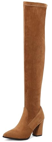 Bviennic Donna Stivali Sopra Il Ginocchio Tacco Alto a Blocco Moda Appuntito Senza Chiusura Stretch 2448 Marrone Numero 44 EU/46Cn
