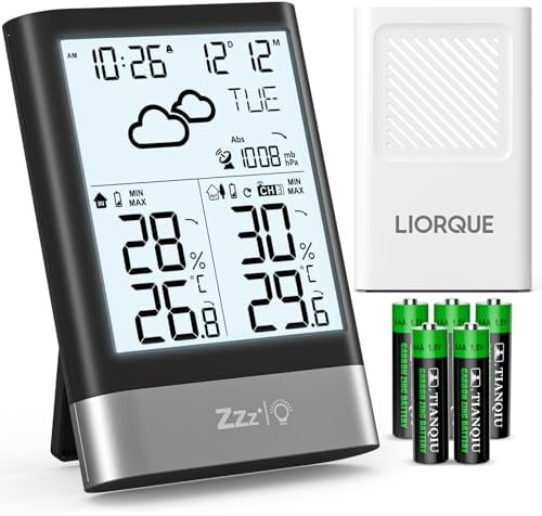 LIORQUE Wetterstation Funk mit Aussensensor, DCF-Funkuhr, Inkl. Batterien | Thermometer Hygrometer Innen Außen, Wettervorhersage, Barometer, MIN/MAX, 4.3 LCD, Doppelwecker, Uhrzeitanzeige