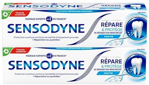 SENSODYNE Dentifrice Répare et Protège, pour les Dents Sensibles, Répare en profondeur les zones fragilisées, Apporte une Protection Longue Durée, Cliniquement Prouvé, Menthe, Lot de 2x75ml