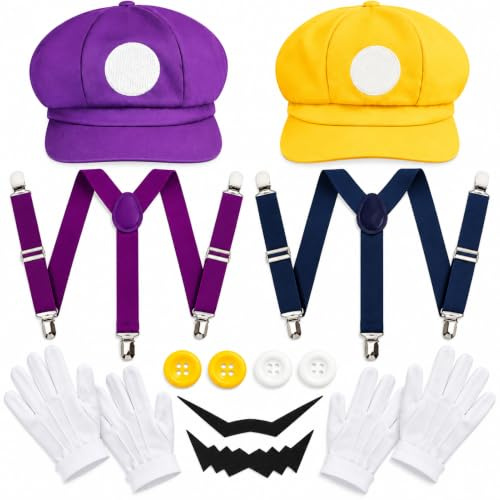 Halloween Kostüm Zubehör Bros Spiele Accessories mit Mütze Hut Bart | Lila & Gelb Kostüm Set mit Hüten, Hosenträgern, Handschuhen, Schnurrbärten und Knöpfen für Weihnachten Karneval Mottoparty