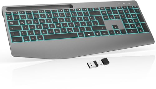 OMOTON Tastatur Kabellos Beleuchtet 2,4GHz, QWERTZ DE Layout, Grau | Ergonomisch Handballenauflage, Wiederaufladbar, für Windows/Laptops/Linux/PC, Scherenfuß-Taste, Integrierte Handyhalterung