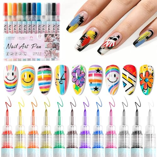 JODSONE 12 Farben Nagelkunst-Stifte Set, verbesserte Nagelkunstmarker für Gelnägel, 3D-Nagellackstifte zum Malen, Nagelkunst-Zeichenwerkzeug für DIY Nageldesign